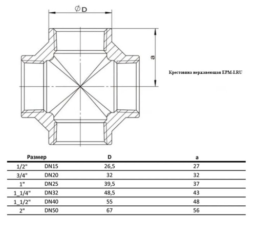 Крестовина нержавеющая Ду 32 (1_1/4", 42,4 мм) AISI 304 Вр/Вр/Вр/Вр резьба от компании ООО "ЭПМ-Инжиниринг"