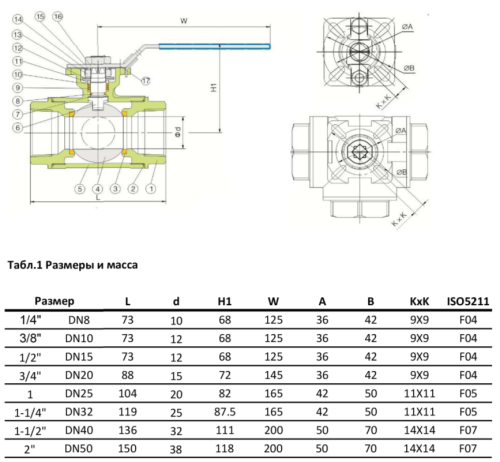Кран нержавеющий трехходовой муфтовый Ду 25 (1ʺ, 33,7 мм) T-тип AISI316 (CF8M), стандартнопроходной, шаровой, с площадкой под привод ISO5211 от компании ООО "ЭПМ-Инжиниринг"