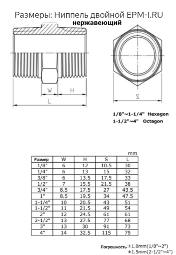 Ниппель нержавеющий НР/НР Ду 8 (1/4"; 13,5 мм) AISI 316 (CF8M) резьбовой двойной, прямой с шестигранником от компании ООО "ЭПМ-Инжиниринг"